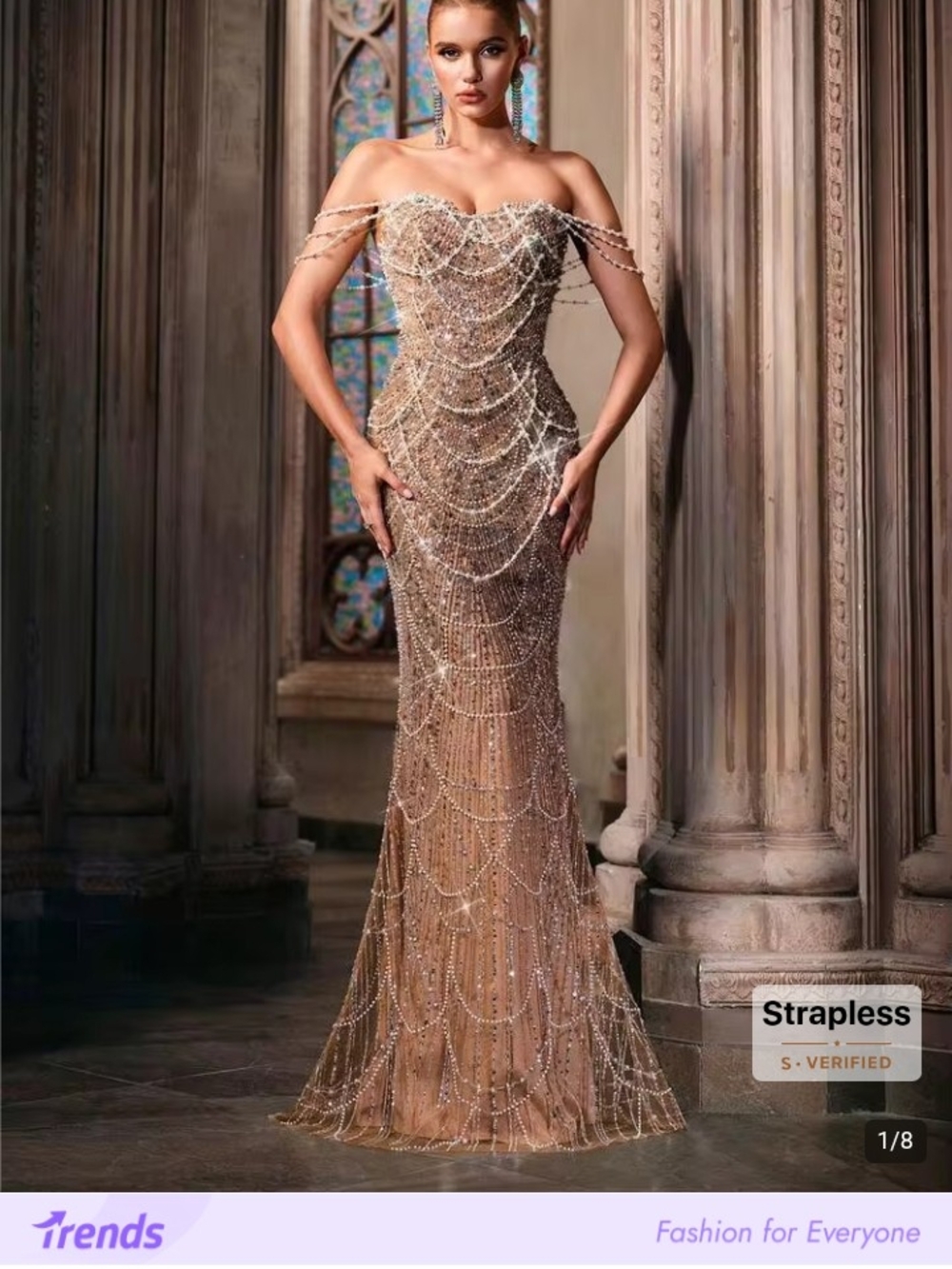 Luveistrue Strapless Pearl-Embellished Gold Evening Gown